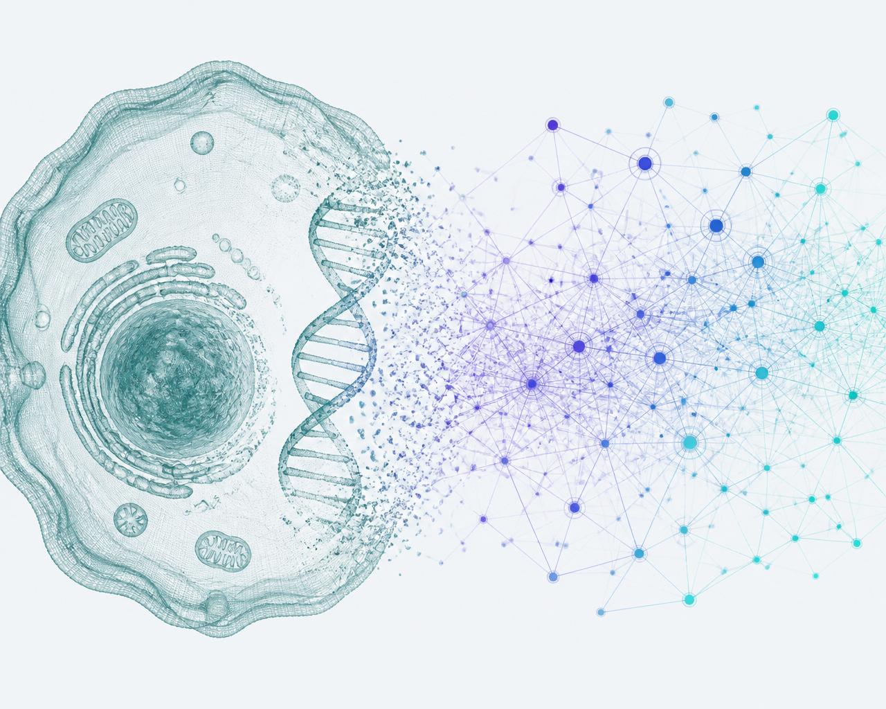 Cell dissolving into a computational neural network — the BIL brand motif